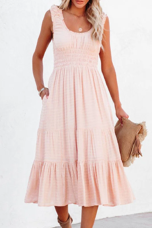 Apricot Smocked Ruched Sleeveless High Waist Midi Dress