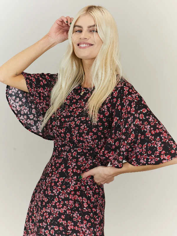 Bailey Angel Sleeve Midi Dress / Dark Floral Print