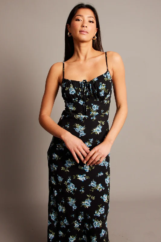 Black Floral Midi Dress Gathering Bust Sleeveless