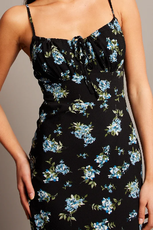 Black Floral Midi Dress Gathering Bust Sleeveless