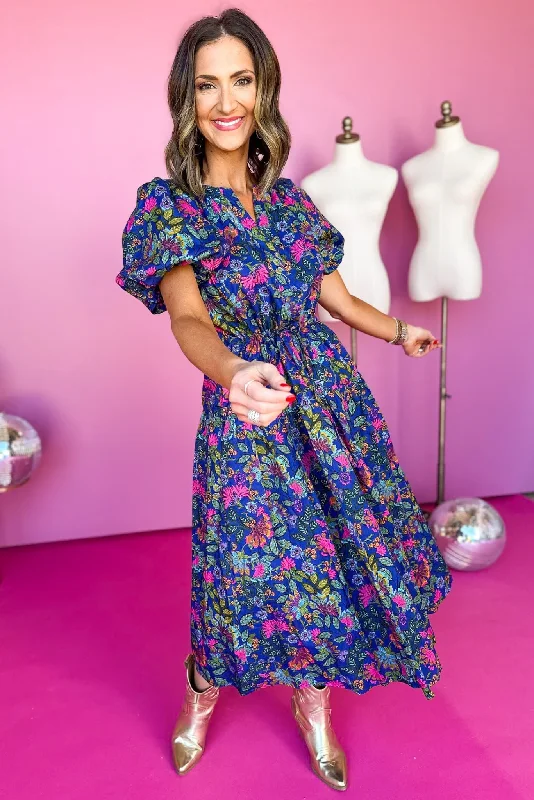 Cobalt Blue Floral Puff Sleeve Midi Dress