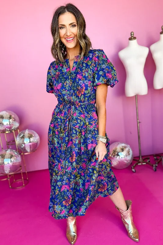 Cobalt Blue Floral Puff Sleeve Midi Dress