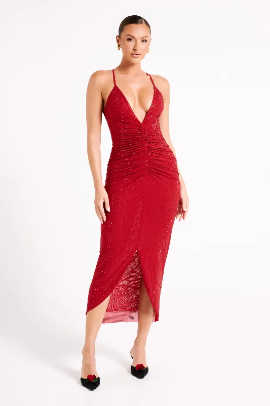 Emeraude Diamante Ruched Midi Dress - Vermilion Red