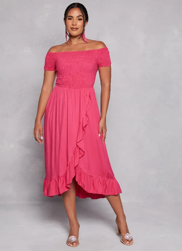 Off The Shoulder Smocked Tulip Hem Dress