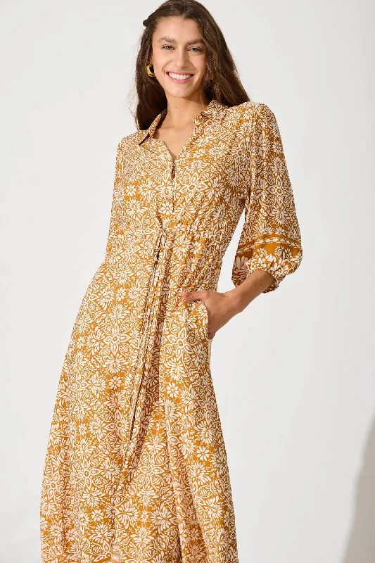 Heatherfield Midi Shirt Dress In Mustard Floral Tile Print