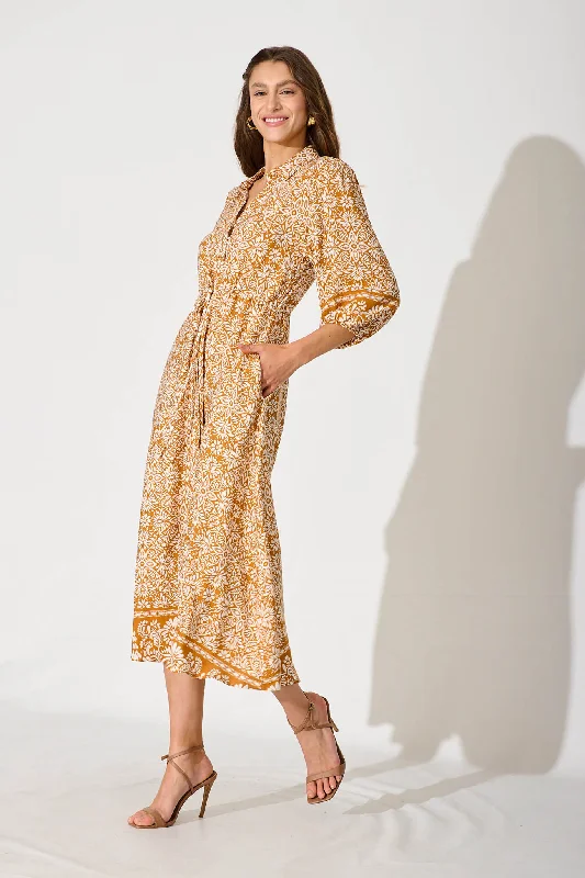 Heatherfield Midi Shirt Dress In Mustard Floral Tile Print