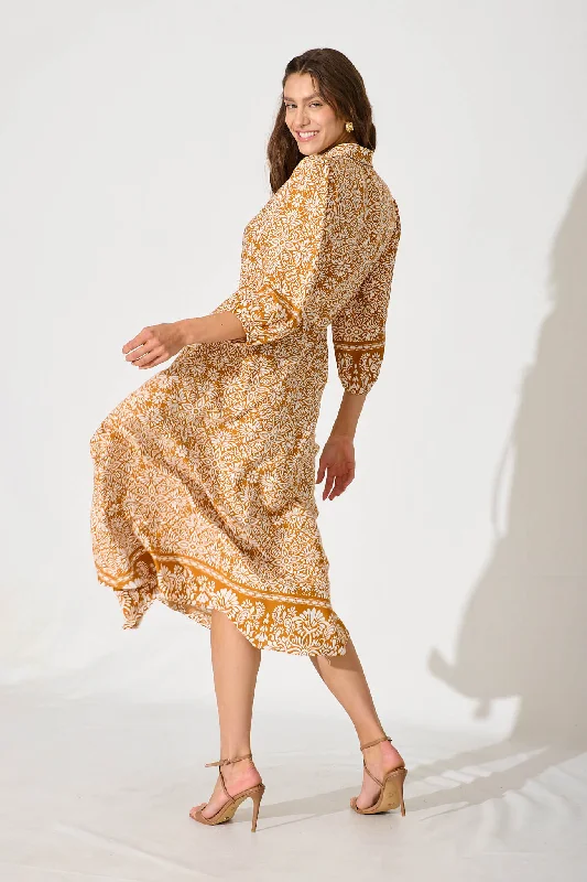 Heatherfield Midi Shirt Dress In Mustard Floral Tile Print