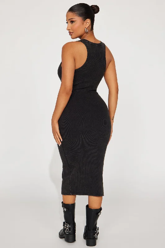 Kate Ribbed Midi Dress - Black