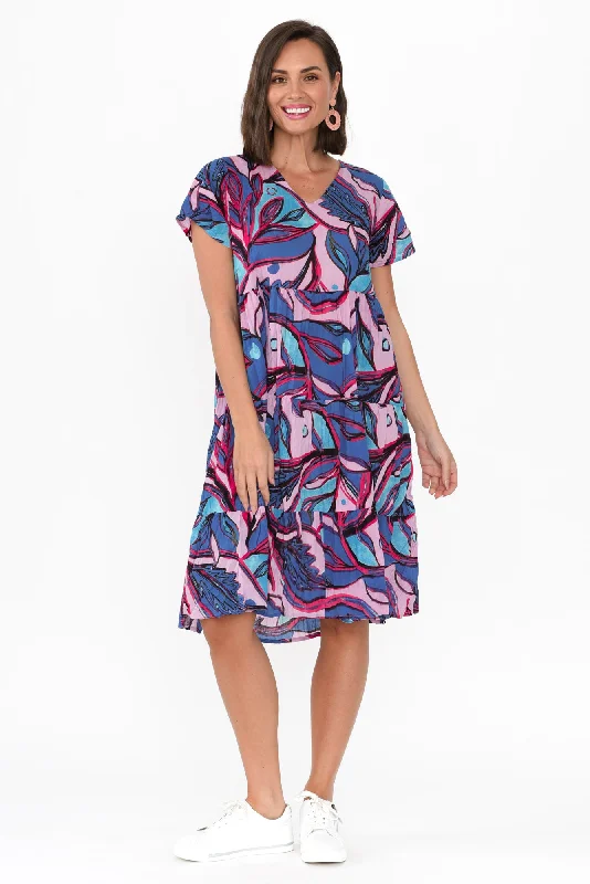 Lania Pink Botanical Crinkle Cotton Dress