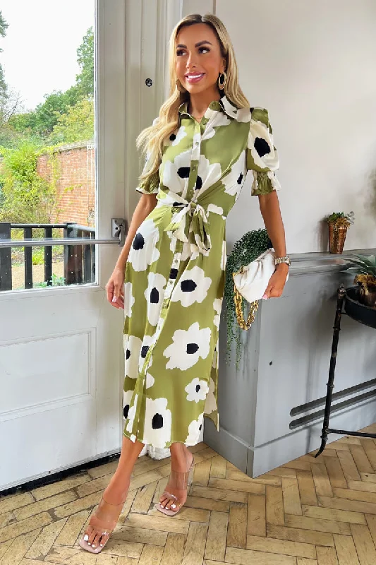 Olive Bold Floral Print Midi Shirt Dress