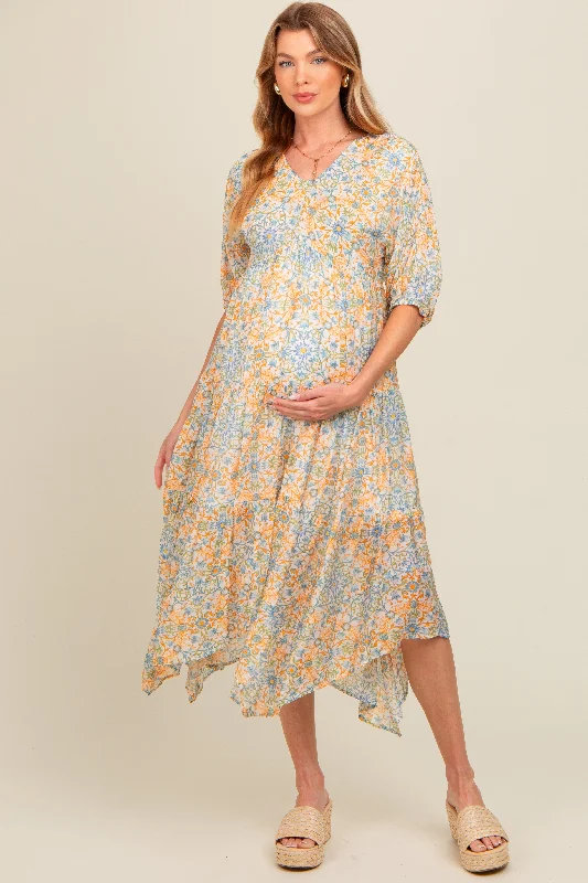 Orange Floral Border Print V-Neck Tiered Maternity Midi Dress