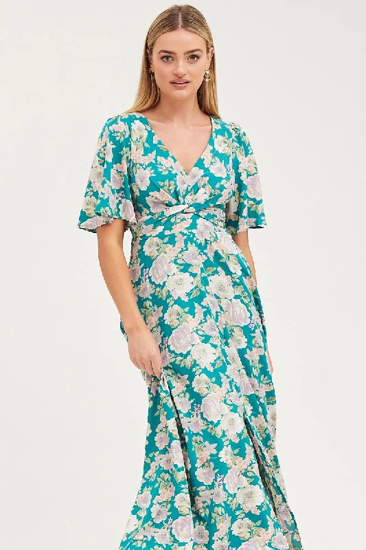 Print Dress Short Sleeve Maxi V Neck Polyester