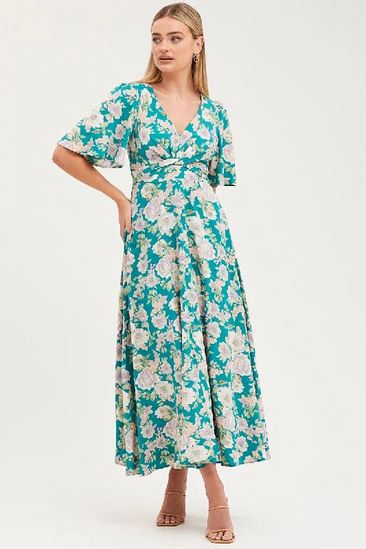 Print Dress Short Sleeve Maxi V Neck Polyester