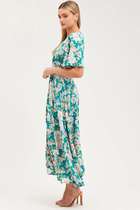 Print Dress Short Sleeve Maxi V Neck Polyester