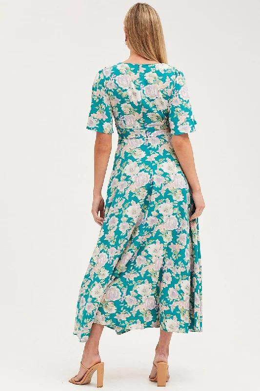 Print Dress Short Sleeve Maxi V Neck Polyester