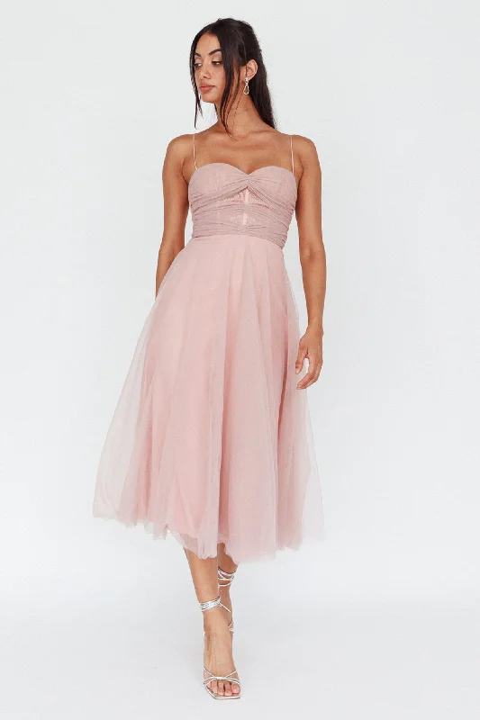 Smitten Lace Insert Tulle Midi Dress Blush