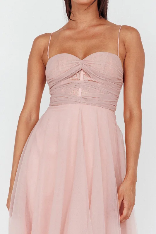 Smitten Lace Insert Tulle Midi Dress Blush