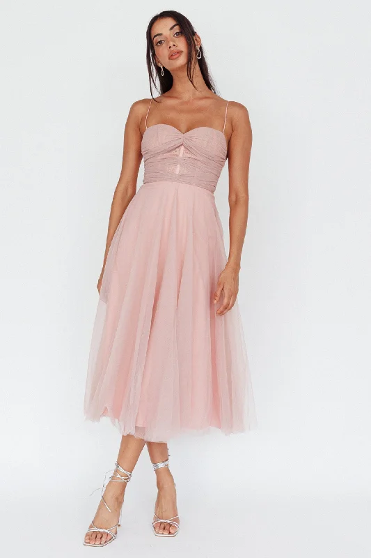 Smitten Lace Insert Tulle Midi Dress Blush