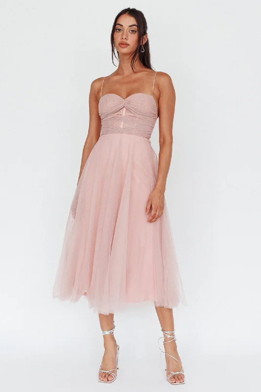 Smitten Lace Insert Tulle Midi Dress Blush