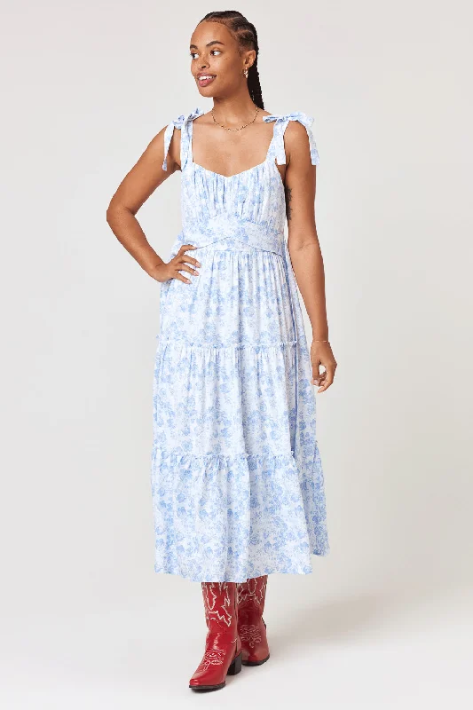 White Blue Floral Ruffle Midi Dress