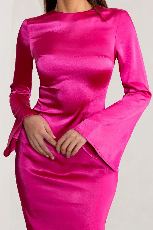 Zaina | Hot Pink Long Sleeve Midi Dress with High Neckline