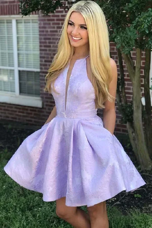 A-Line Crew Above-Knee Lilac Satin Homecoming Dress with Pockets  PD271