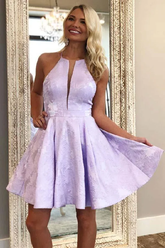 A-Line Crew Above-Knee Lilac Satin Homecoming Dress with Pockets  PD271