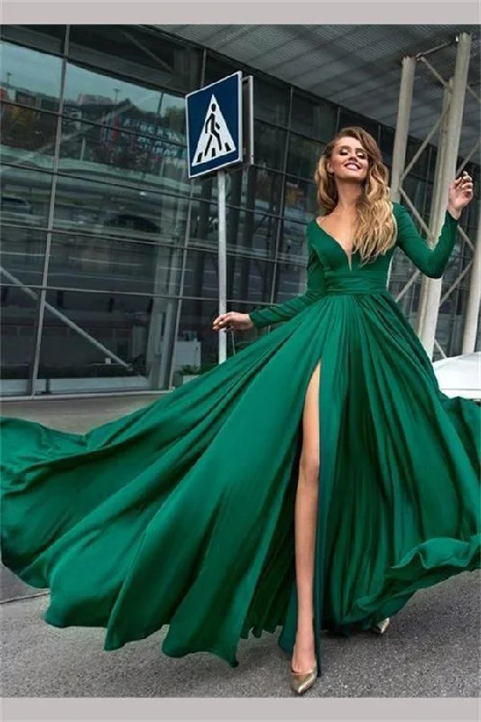 A-Line V-Neck Long Sleeves Dark Green Prom/Formal Dress With Split PSK082