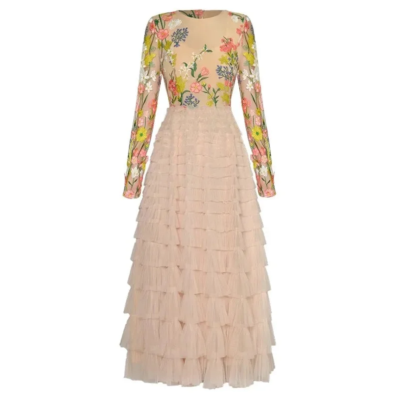 Aya Dress Mesh O-Neck Floral Embroidery Cascading Ruffle Elegant Party High Waist Dress