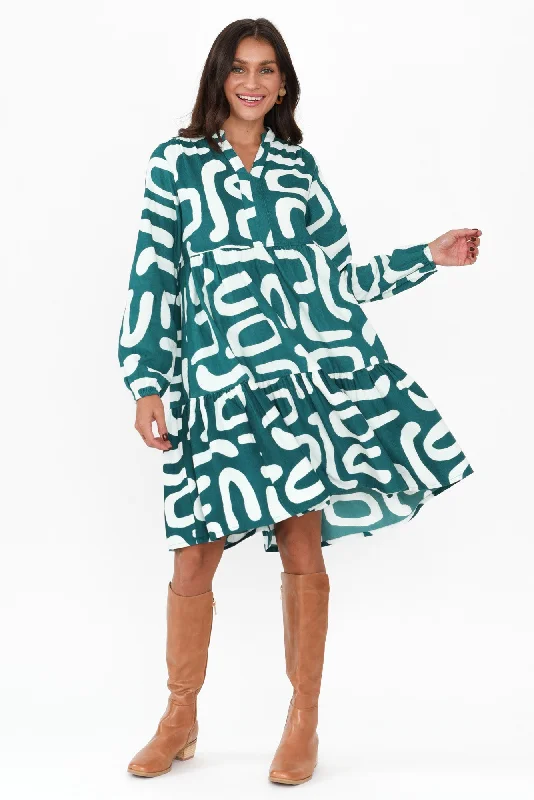 Azari Teal Abstract Cotton Corduroy Dress