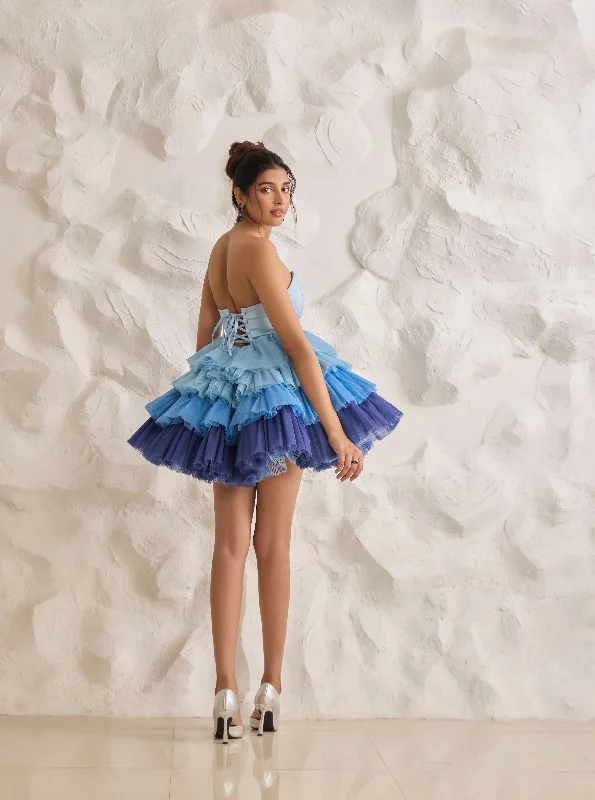 Belle Blue Ombre Ruffle Tulle Puff Corset Dress