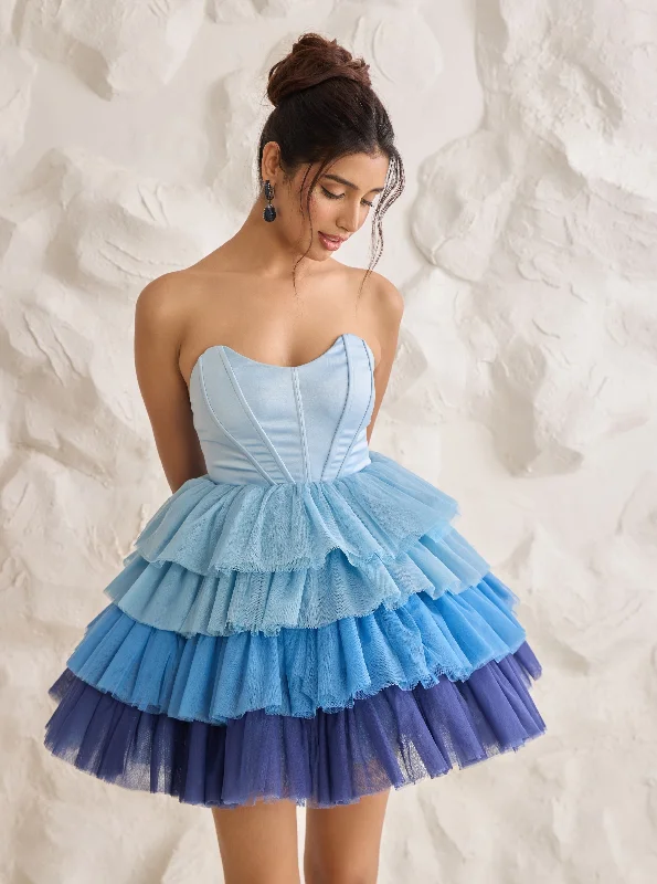 Belle Blue Ombre Ruffle Tulle Puff Corset Dress