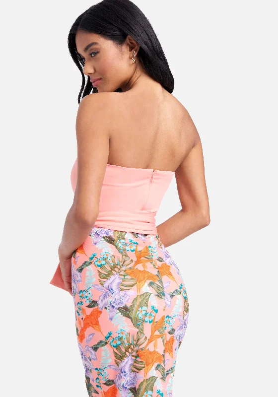 Belted Strapless Printed Midi