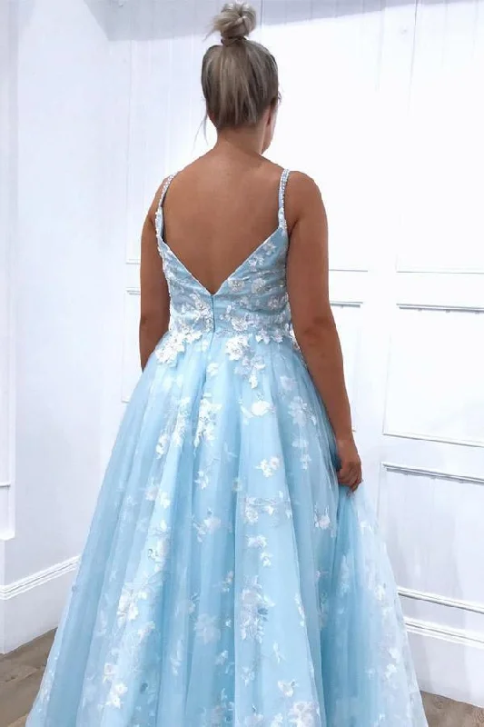 Blue Exquistie Lace Appliques Tulle A-Line Long Prom/Evening Dress  PSK022