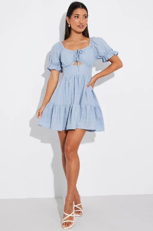 Blue Fit and Flare Dress Short Sleeve Linen Blend