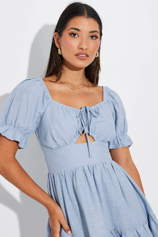 Blue Fit and Flare Dress Short Sleeve Linen Blend