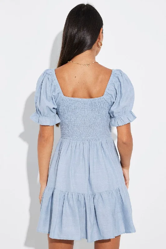 Blue Fit and Flare Dress Short Sleeve Linen Blend