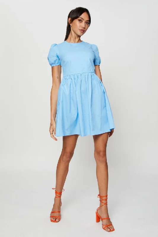 Blue Mini Dress Short Sleeve Round Neck