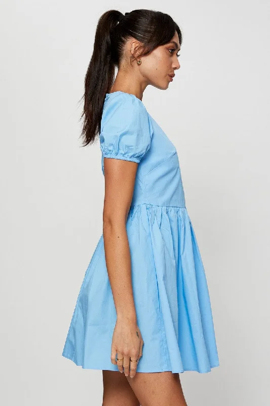 Blue Mini Dress Short Sleeve Round Neck