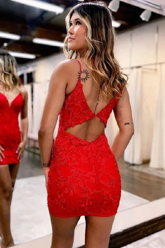 Bodycon Spaghetti Straps Red Homecoming Dress With Aqqliques PD522