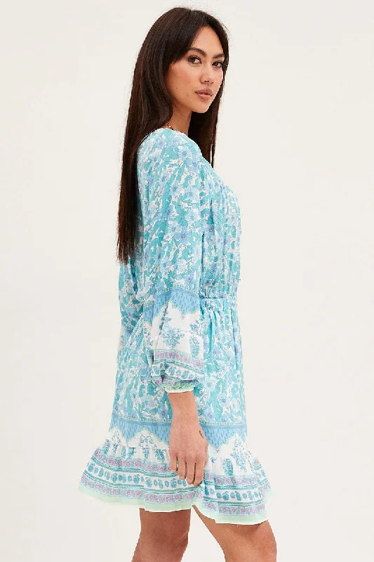 Boho Print Tie Waist Dress Long Sleeve Mini