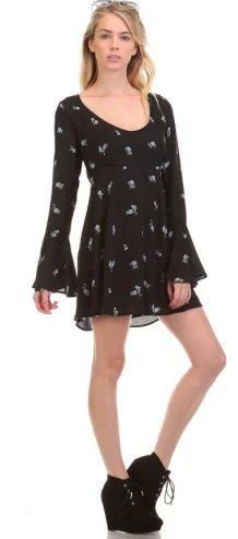 Botanical Babe Black Floral Print Bell Sleeve Dress