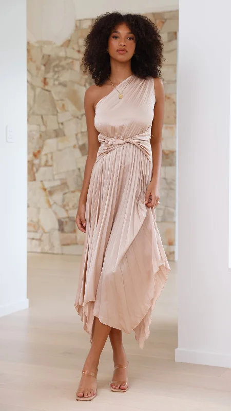 Cali One Shoulder Midi Dress - Champagne