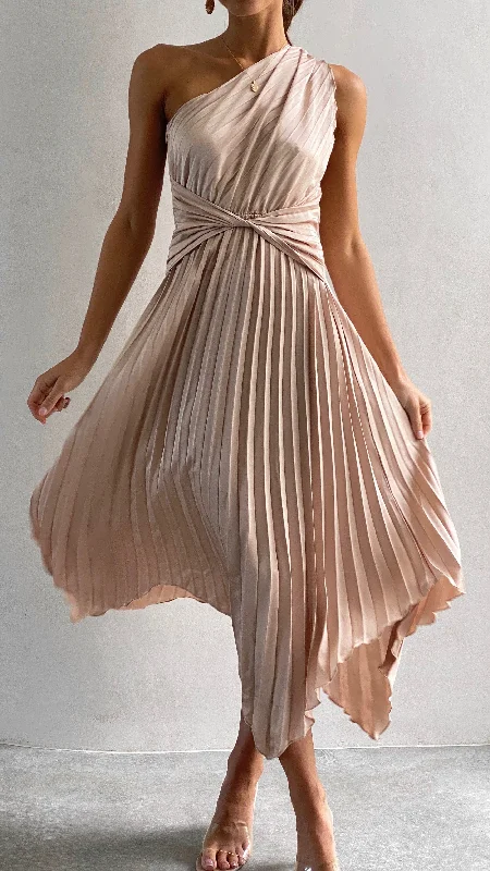 Cali One Shoulder Midi Dress - Champagne