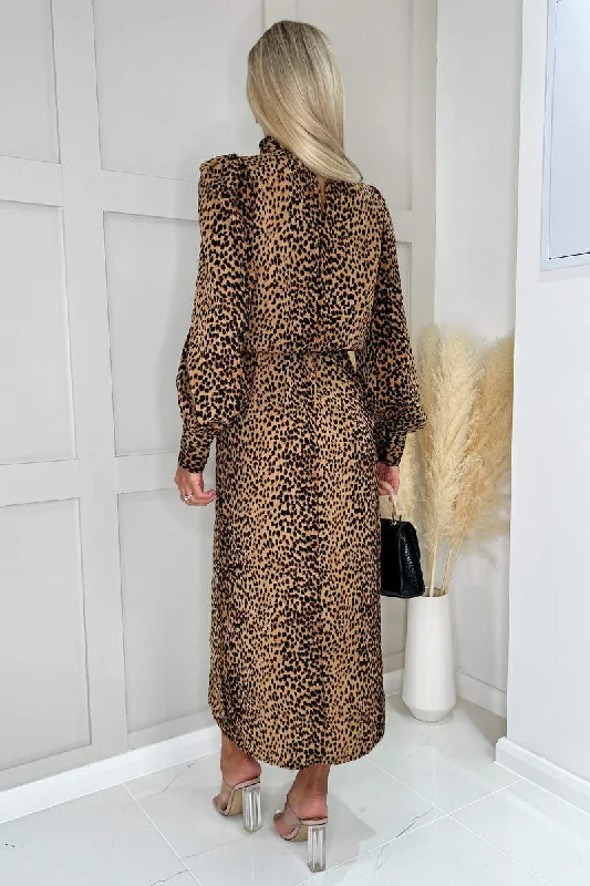 Camel Animal Print High Neck Long Sleeve Midi Dress