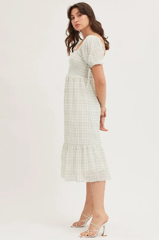 Check Midi Dress Short Sleeve Evening