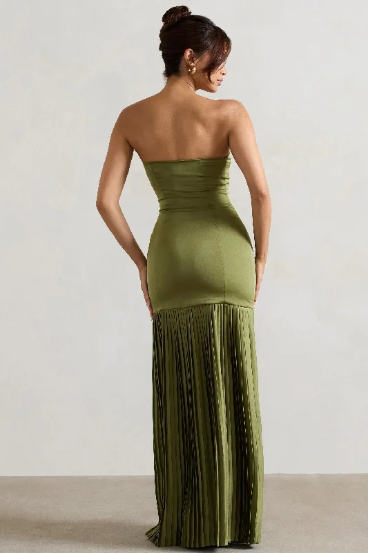 Confidence | Olive Satin Bandeau Pleated Split Maxi Dress