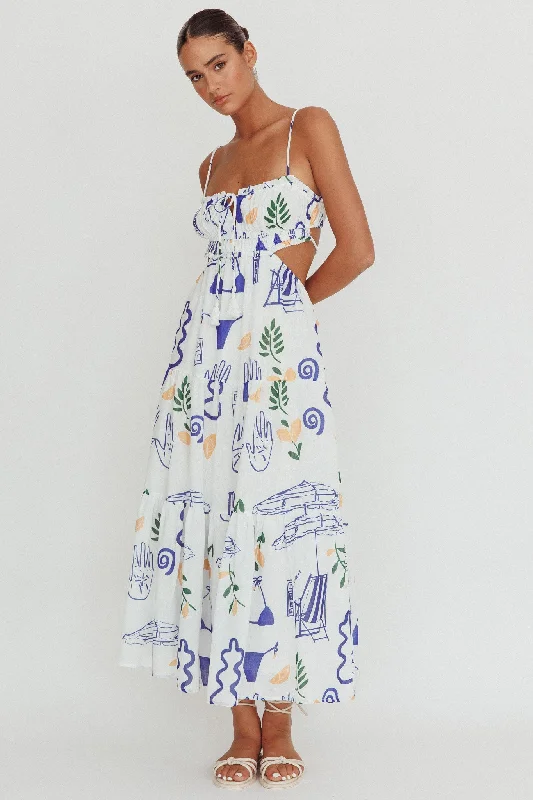 Eyona Cut-Out Back Print Maxi Dress White