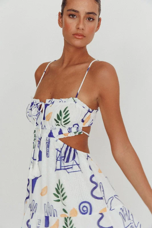 Eyona Cut-Out Back Print Maxi Dress White