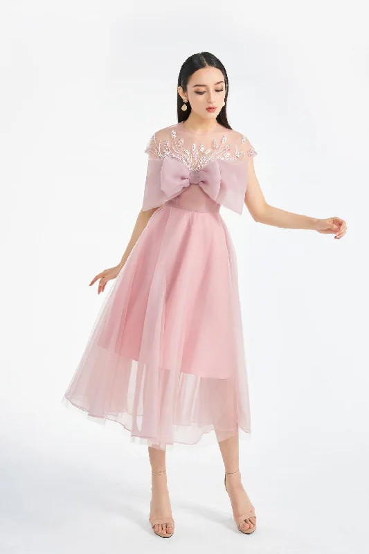 Farah Fit and Flare Bow Tie Organza Midi Dress